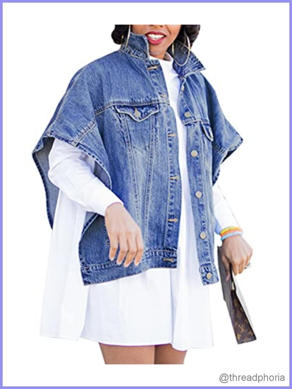 Women's Washed Destroyed Denim Jacket Oversized Loose Poncho Cape Cloak Coat